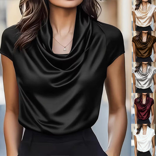 Women's Swing Collar Draping Effect Short-sleeved Shirt Tops