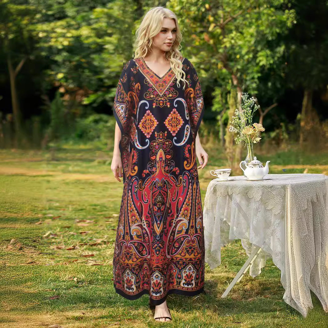 Women's Ethnic Printed Loose Split Robe Bohemian Dress