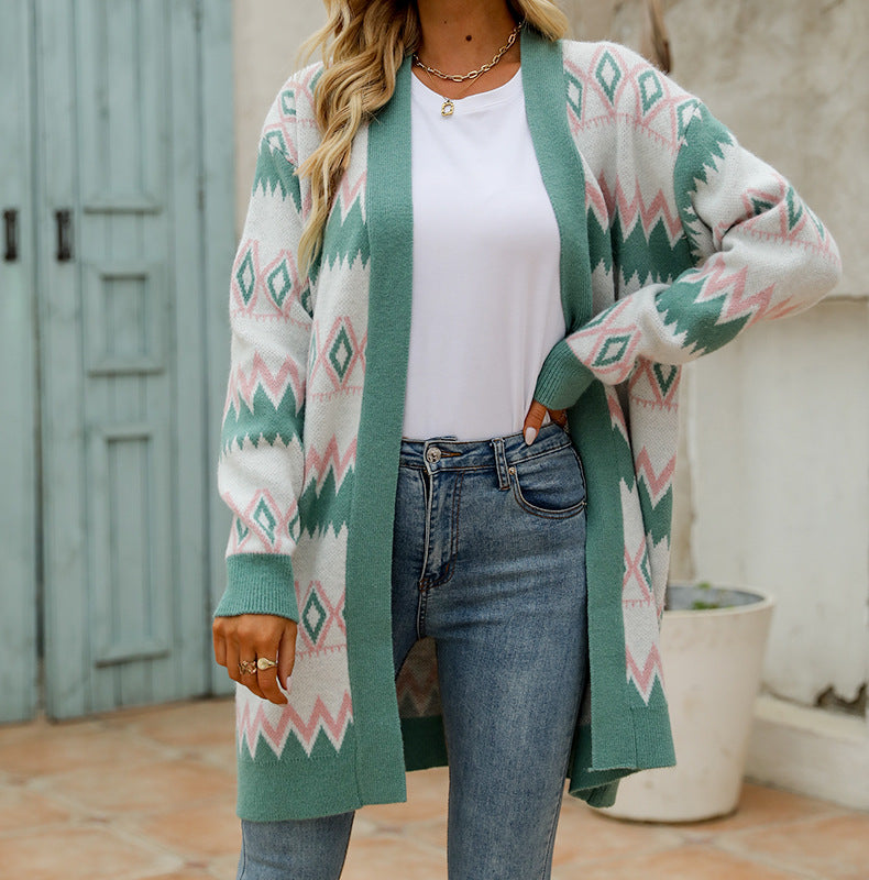 Rhombus Plaid Contrast Color Mid-length Knitted Coats