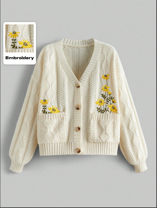 Flower Embroidered Button Round Neck Knitted Coats