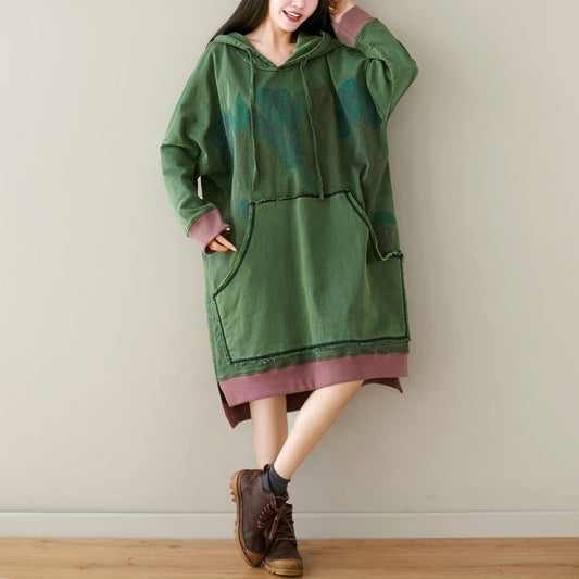 Hooded Dress Distressed Print Long Artistic Stitching Lang Sweaters