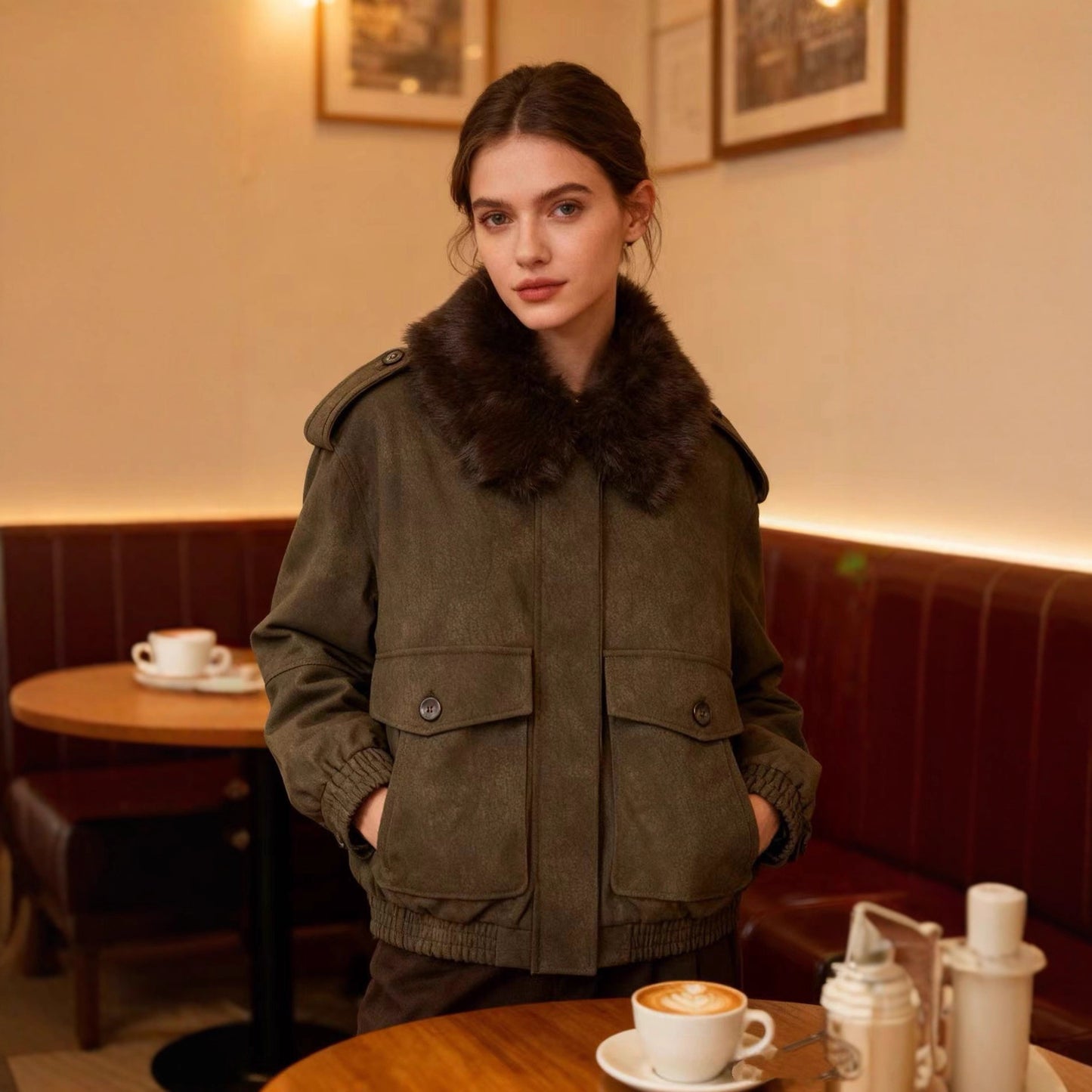 Women's Versatile Suede Effect Detachable Neckline Jackets
