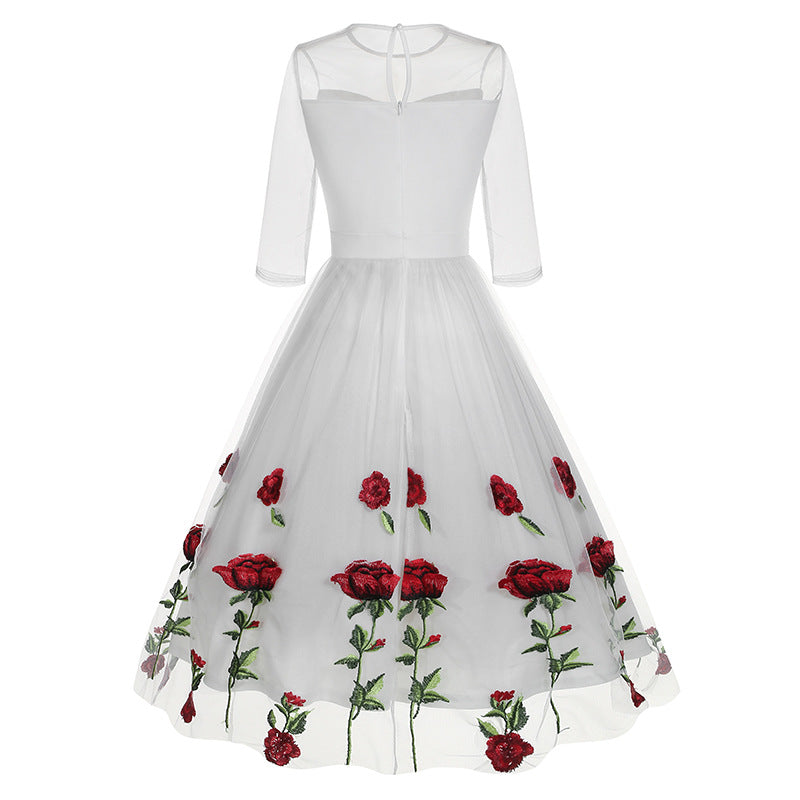 Round Collar Gauze Rose Embroidered Vintage Dresses