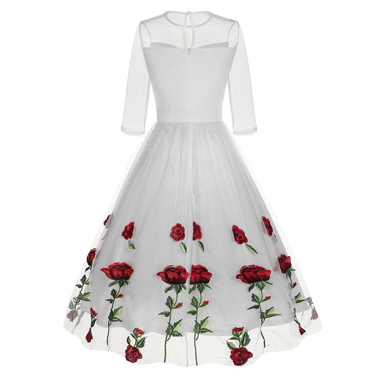 Round Collar Gauze Rose Embroidered Vintage Dresses
