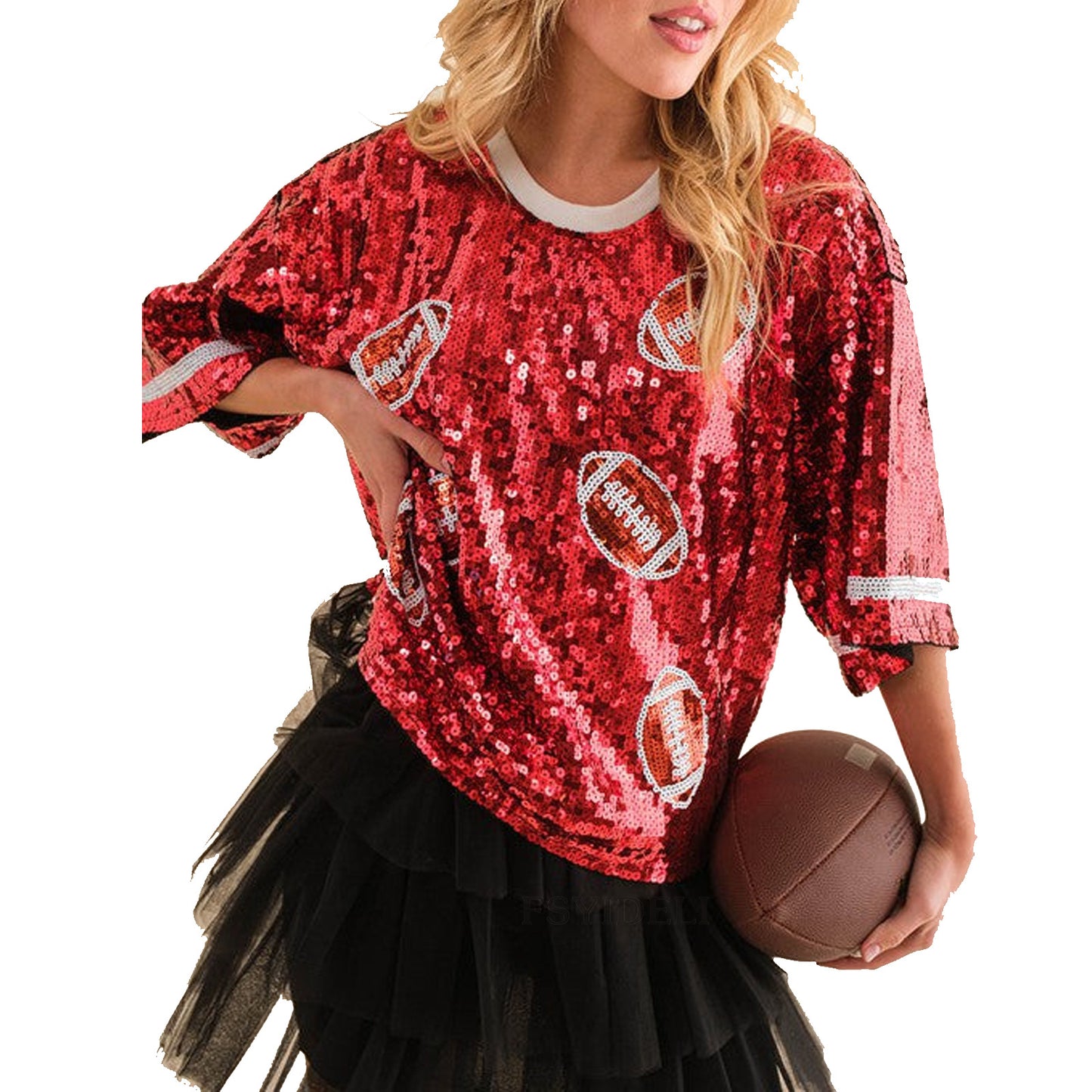 Women's Summer Sequins Loose-fitting T-shirt Round Neck Blouses