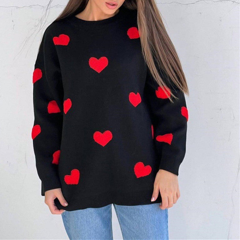 Women's Love Round Neck Long Sleeve Loose Knitted Casual Sweaters