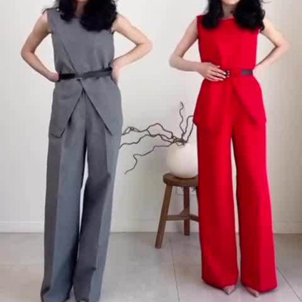 Women's Solid Color Round Neck Sleeveless High Waist Wide Leg Suits