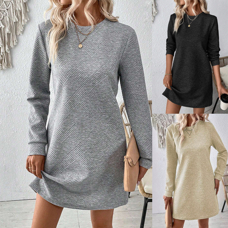 Women's Solid Color Oblique Plaid Texture Round Neck Long Sleeve Dress