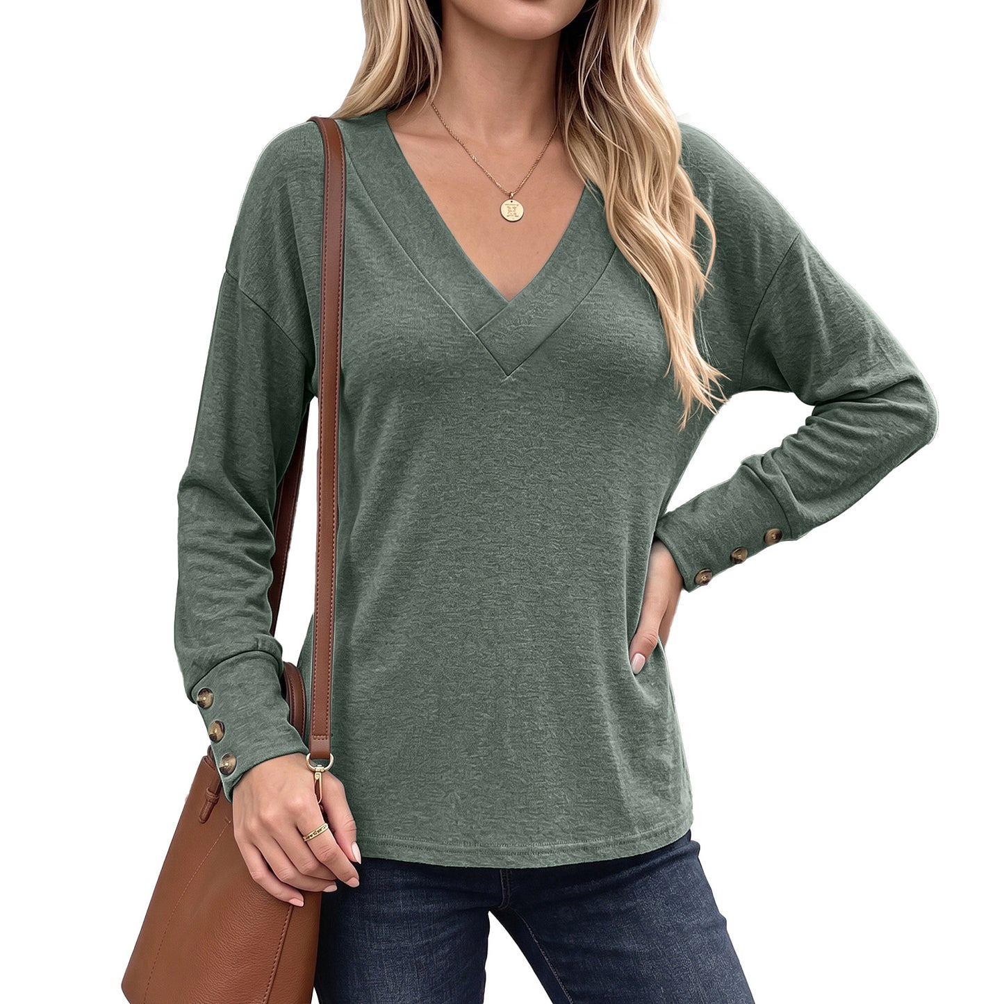 Solid Color Loose Button Long-sleeved Brushed Women's T-shirt