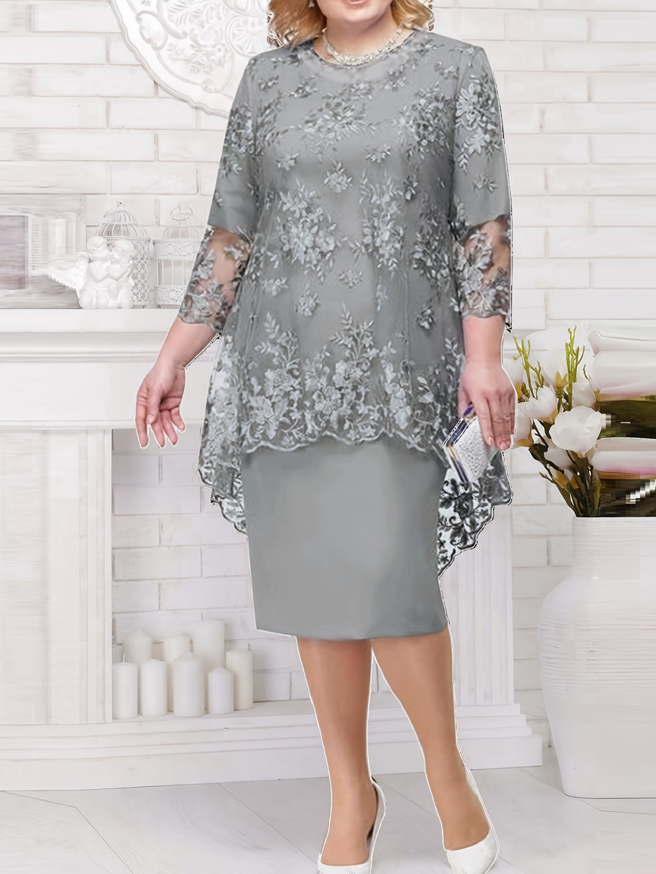 Women's Lace Embroidery Two-piece Set Temperament Commute Dresses