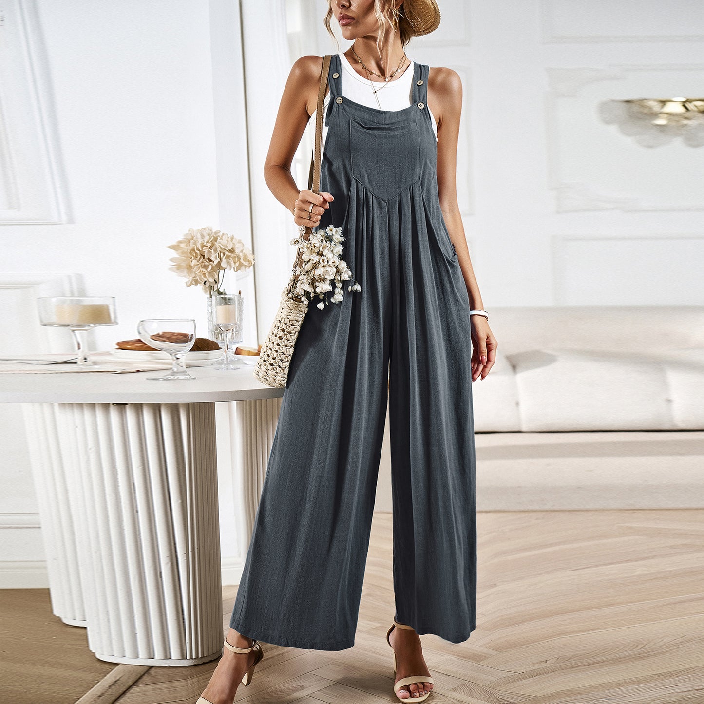 Women's Solid Color Suspender Summer Loose Wide Leg Women's Jumpsuit/clothing