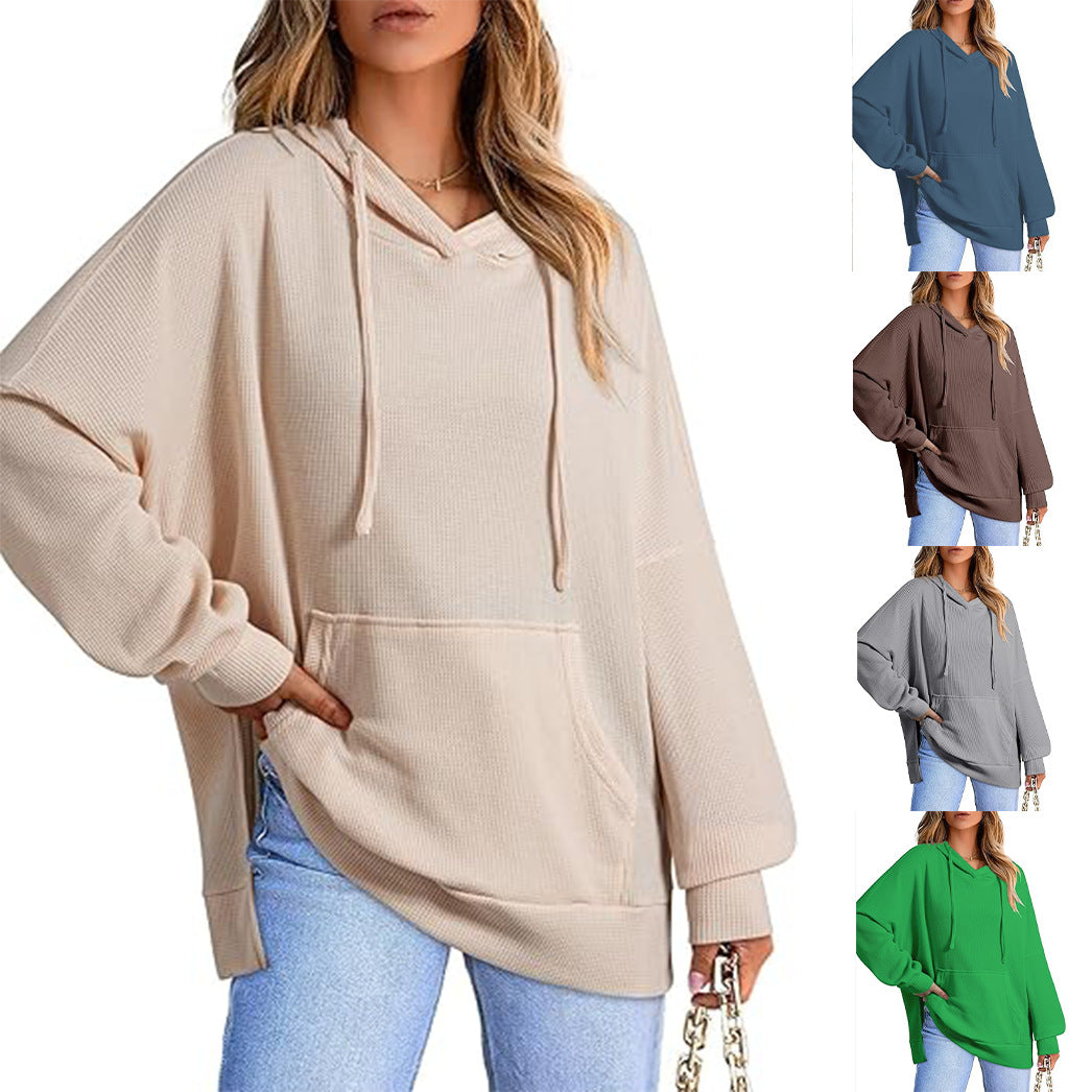 Women's Hoodie Waffle Knitted Side Slit Pullover With Pocket Women's Sweater, Sweater