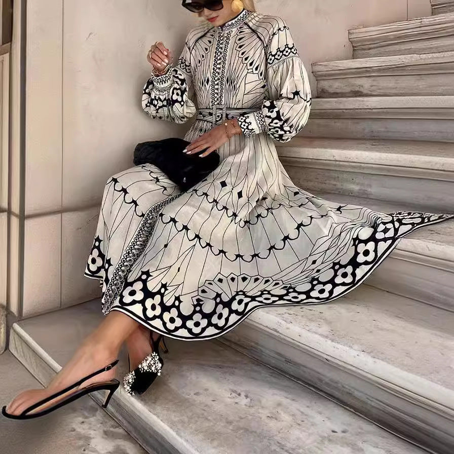 Women's Elegant Long Sleeve Belt Button Print Dresses
