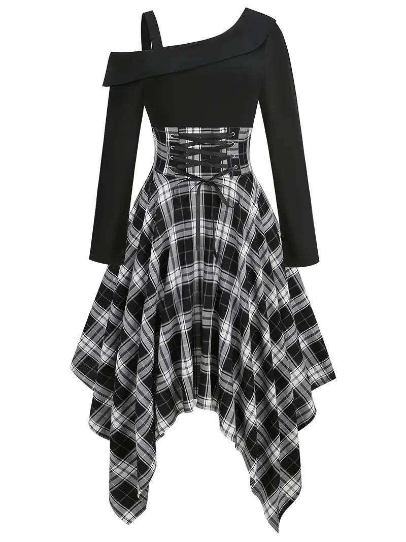 Women's Plaid Long-sleeved Dress Retro Style Fashion Dresses