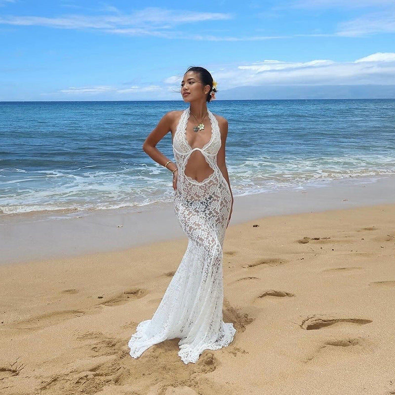 Women's Summer Temperament Lace Halter Long Dress Dresses