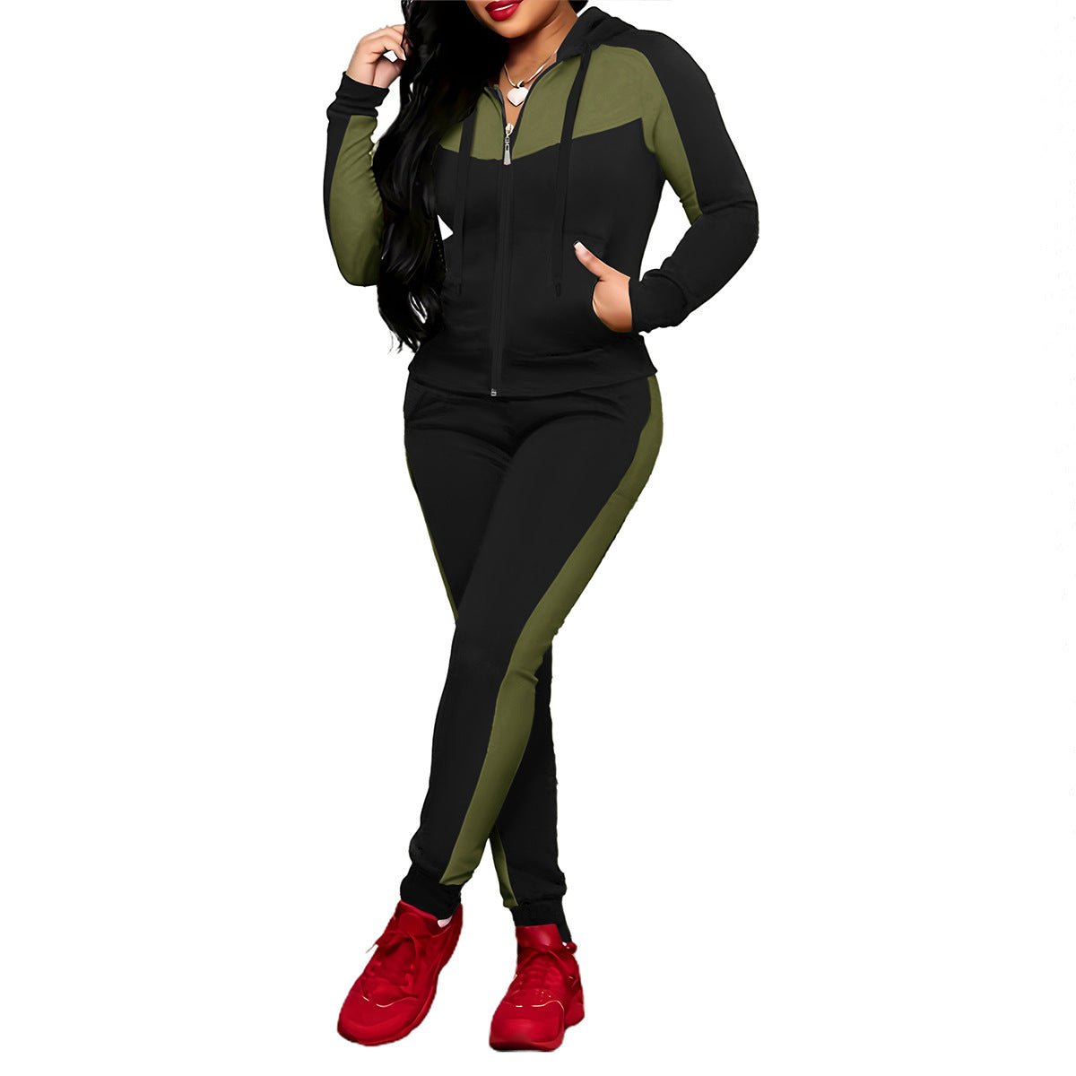Women's Fashion Color Matching Zipper Hooded Set Suits