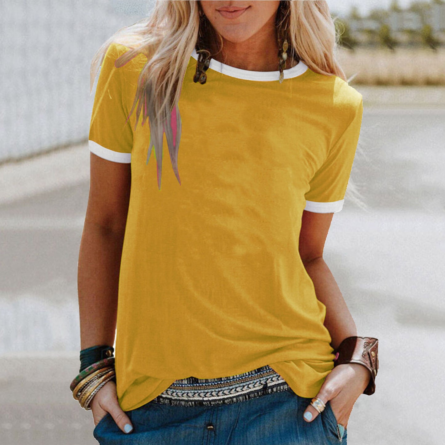 Women's Solid Color Loose Round Neck Sleeve Shorts