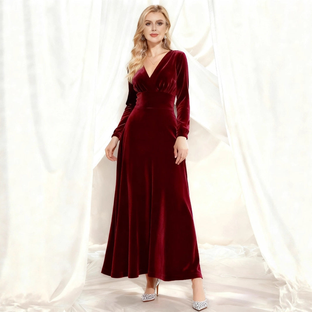 Women's Solid Color Long Sleeve Gold Veet Dress