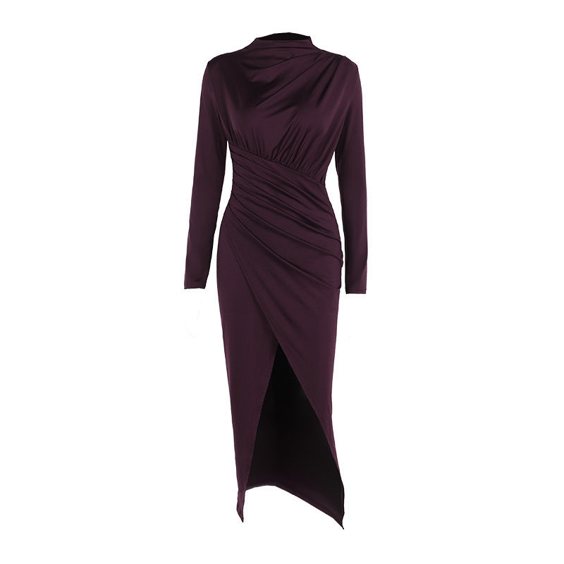 Women's Fashion Style Temperament High-necked Pleated Slit Long Dresses
