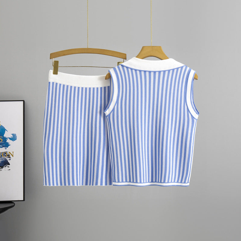 Women's Preppy Style Waist Trimming Slimming Striped Shirt Summer High Suits