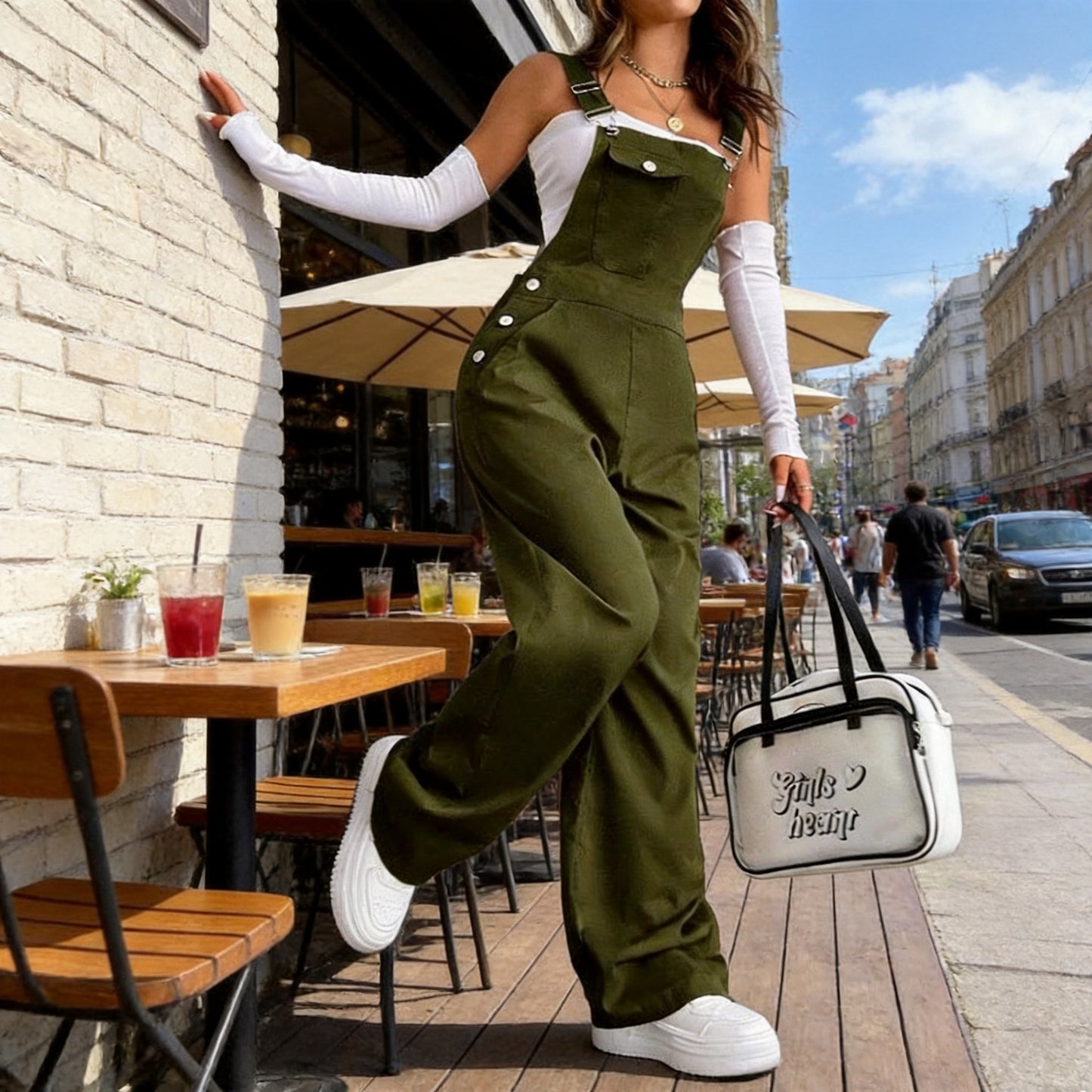 Women's Side Button High Waist Loose Wide Legs One-piece Trousers Slimming Pants