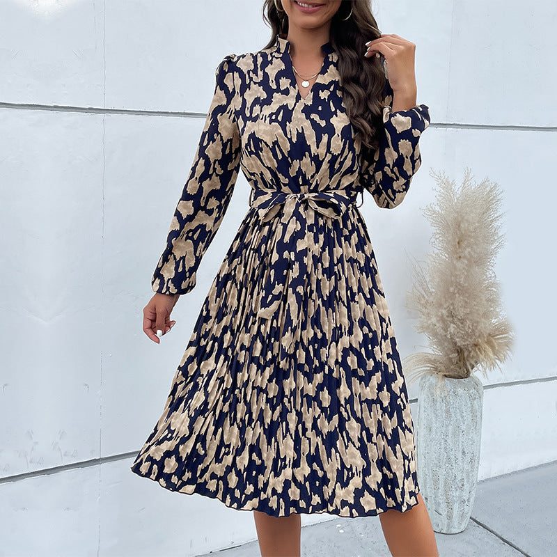 Women's Autumn Pleated Print Long-sleeved Dress Dresses