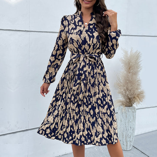 Women's Autumn Pleated Print Long-sleeved Dress Dresses