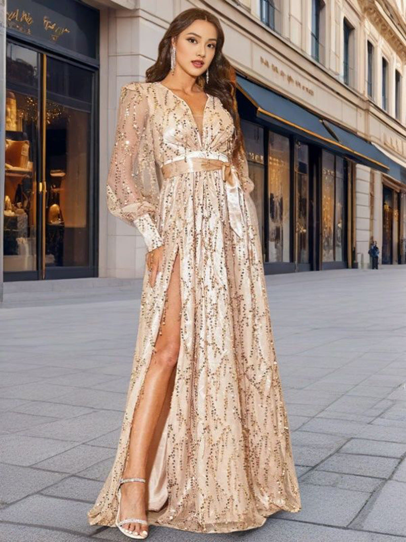 Women's Autumn Mesh Sequins Swing Banquet Long Dresses