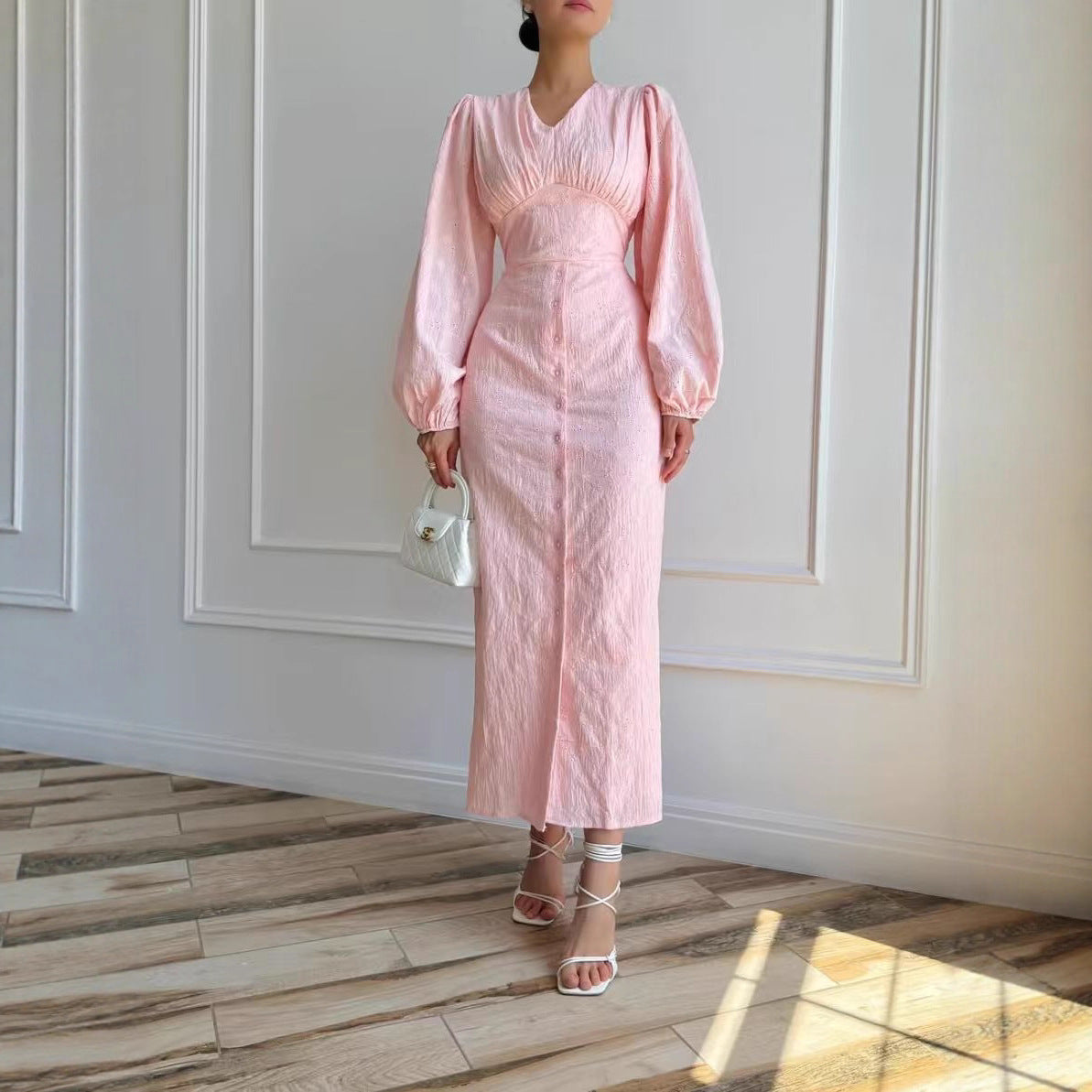 Solid Color Lace Long-sleeved Girdle Split Dresses