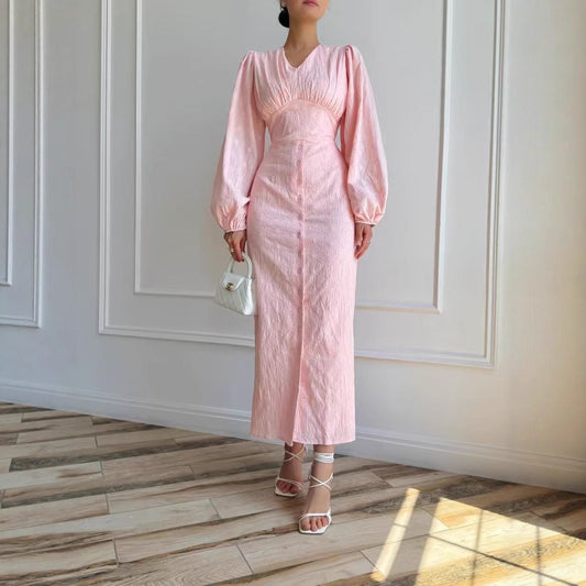 Solid Color Lace Long-sleeved Girdle Split Dresses