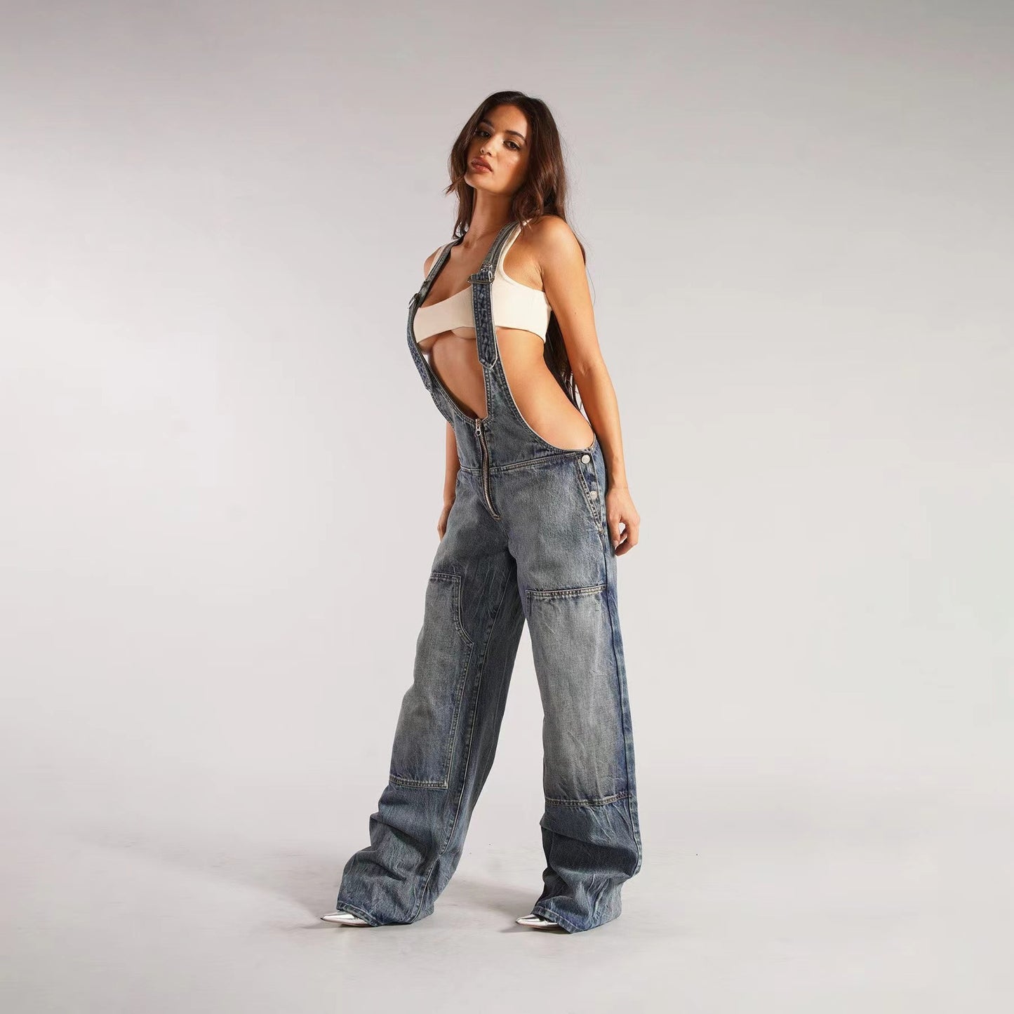 Women's Denim Suspender Autumn Loose Casual Pocket Wide Jeans