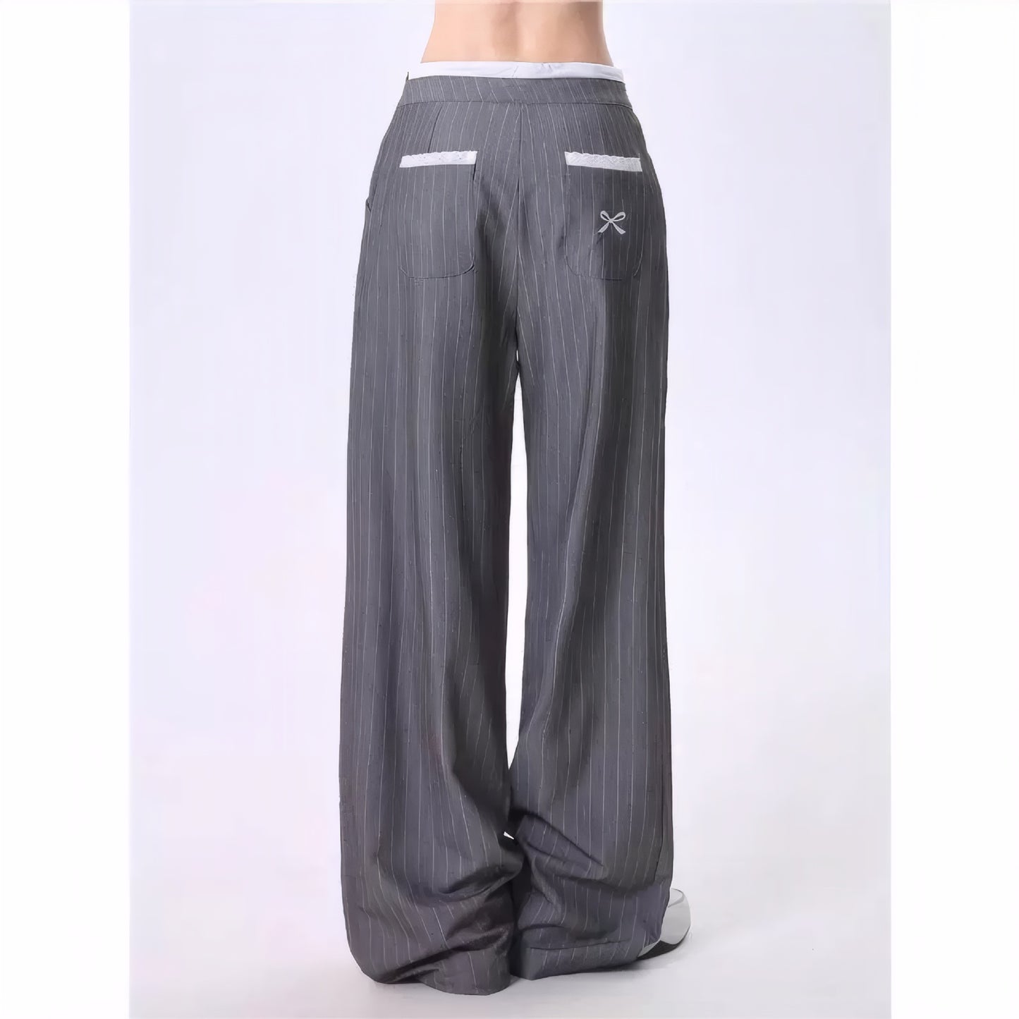 Women's Bow Casual High Waist Straight Gray Pants