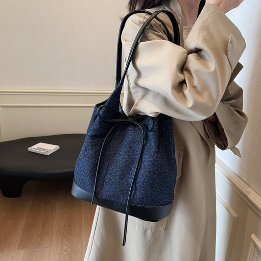 Textured Leopard Print Denim Korean Large Shoulder Bags
