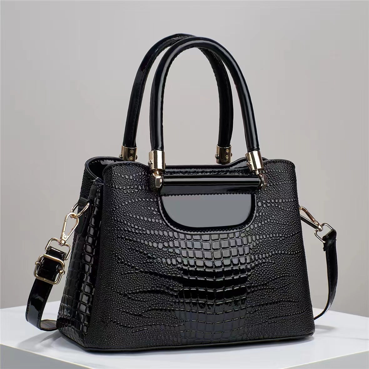 Women's Textured Bright Leather Stone Pattern Crocodile Handbags