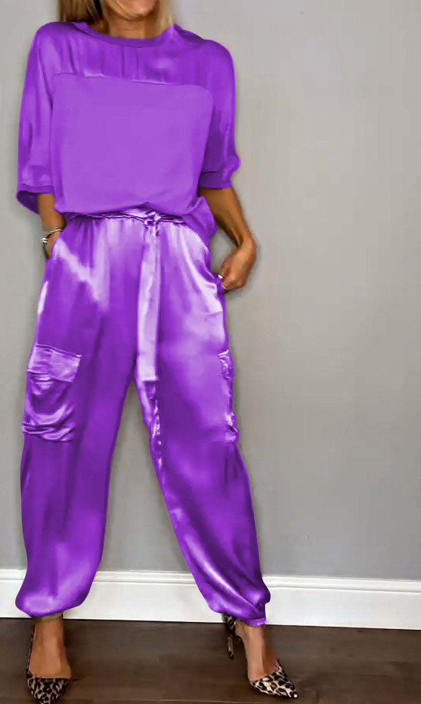Women's Smooth Satin Short-sleeved Casual Two-piece Set Suits
