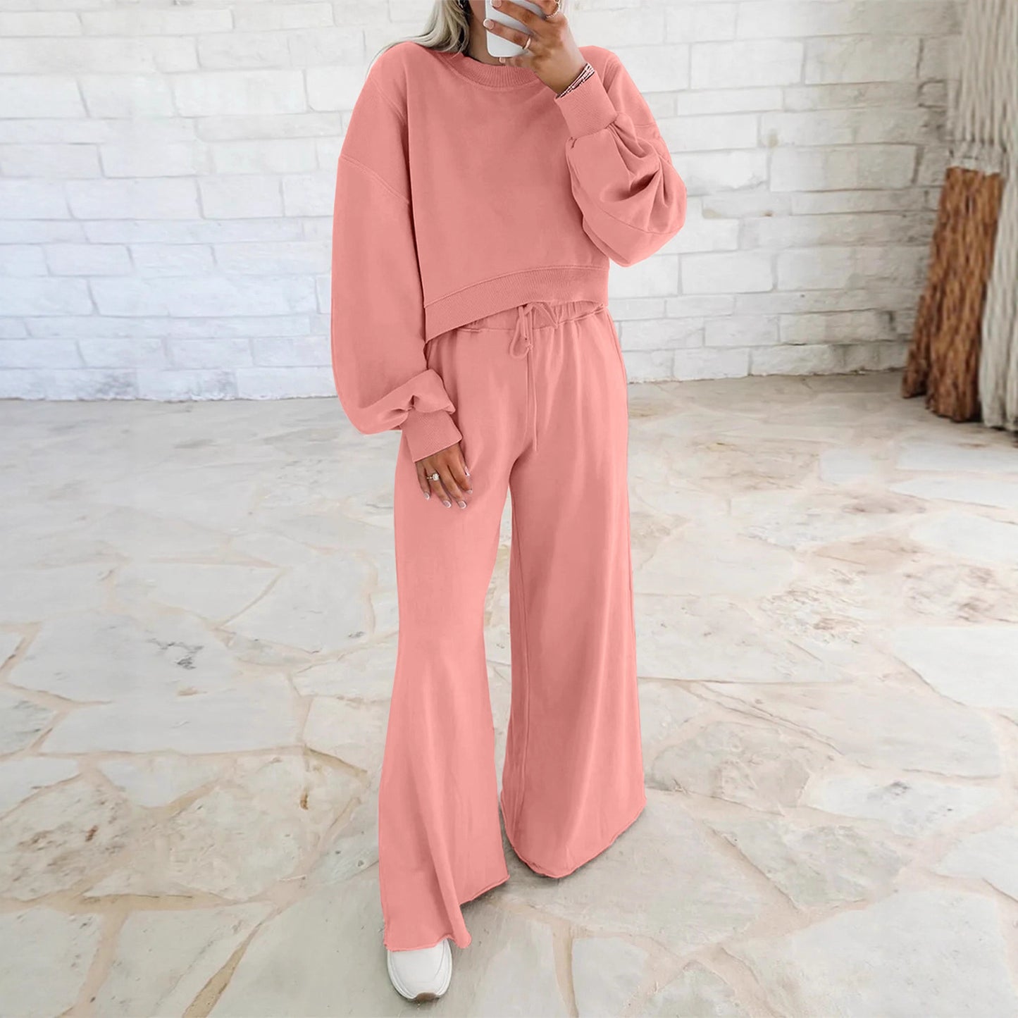 Women's Drop Shoulder Puff Sleeve Pullover Sweatshirt Suits