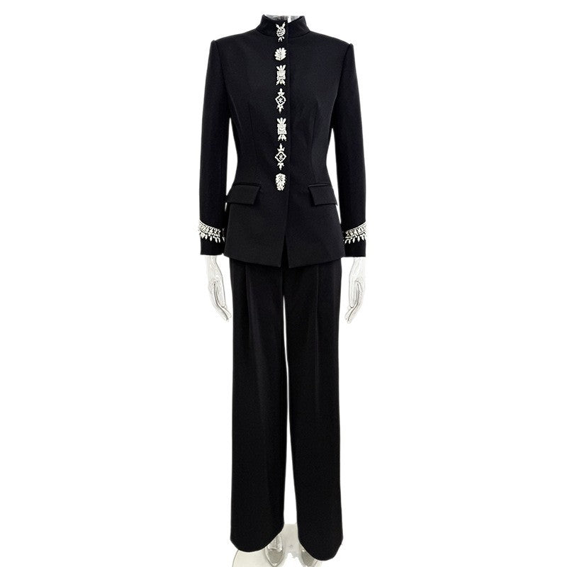 Early Autumn Beads Rhinestones Stand-up Collar Fashion Casual Suit