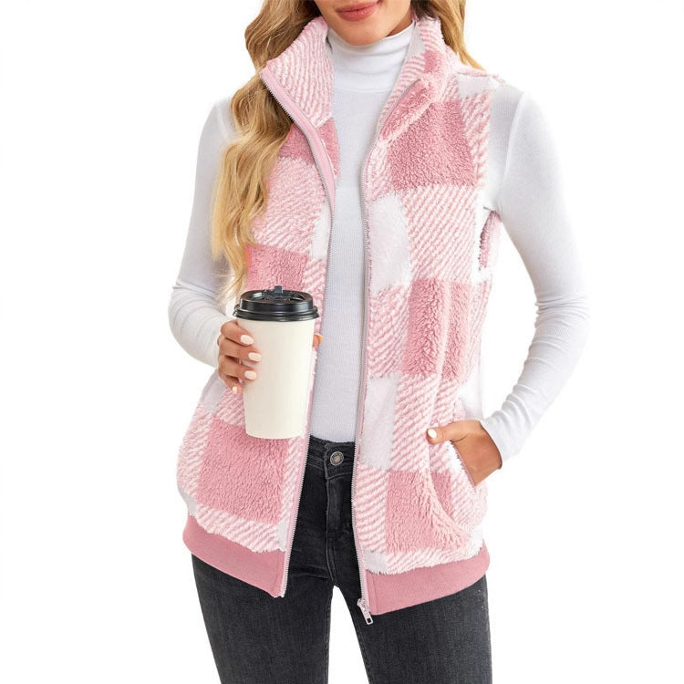 Women's Waistcoat Comfortable Veet Plaid Stand Collar Zipper Women's Vest
