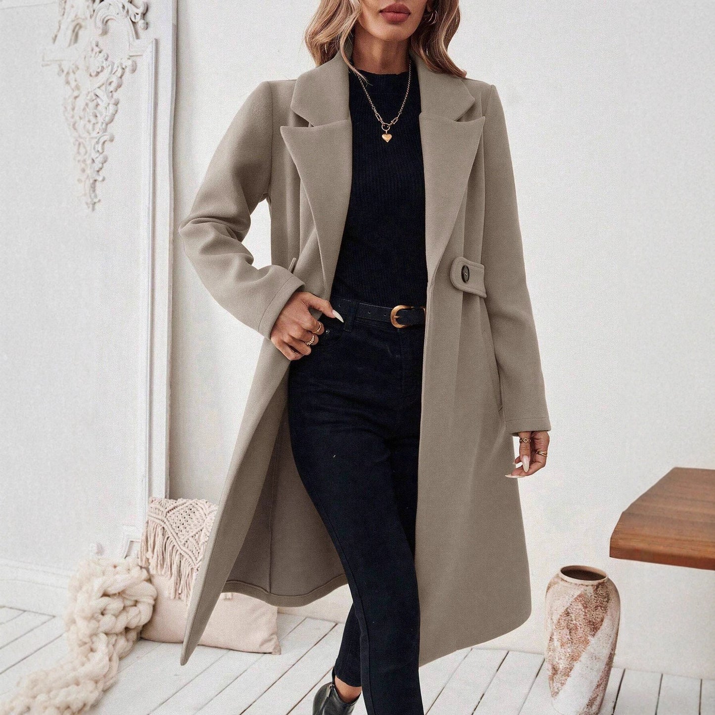 Women's Woolen Long Lapel Slim Fit Slimming Coats
