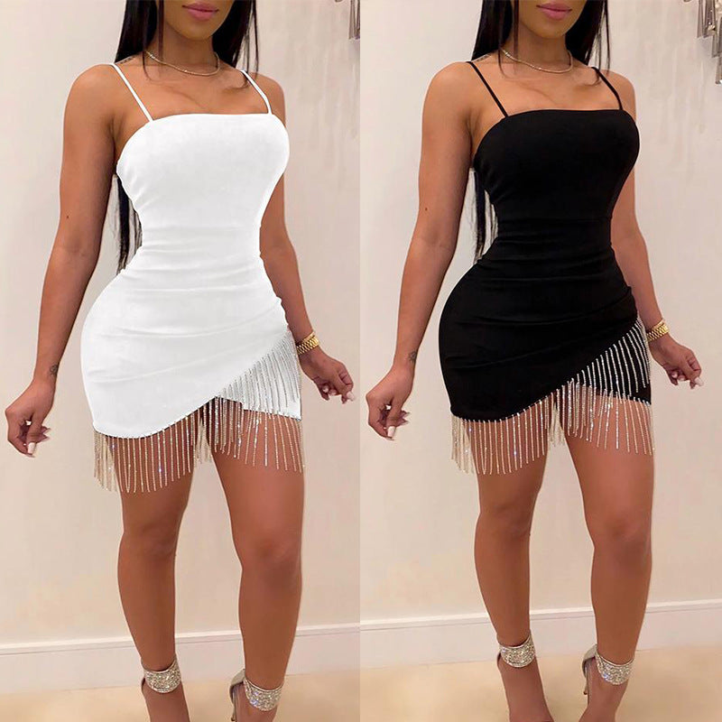 Women's Sheath Nightclub Tube Tassel Rhinestone Strap Dress