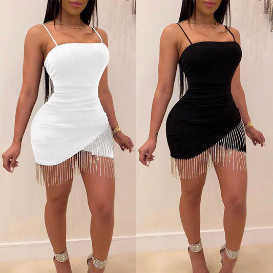 Women's Sheath Nightclub Tube Tassel Rhinestone Strap Dress