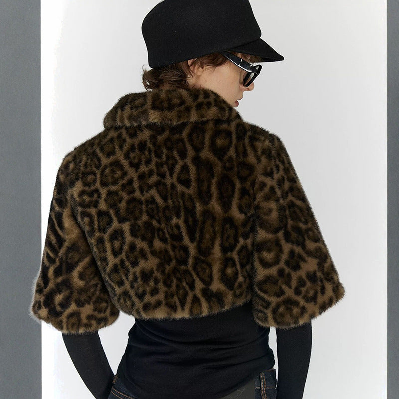 Women's Fashion Polo Collar Leopard Zipper Fur Blouses