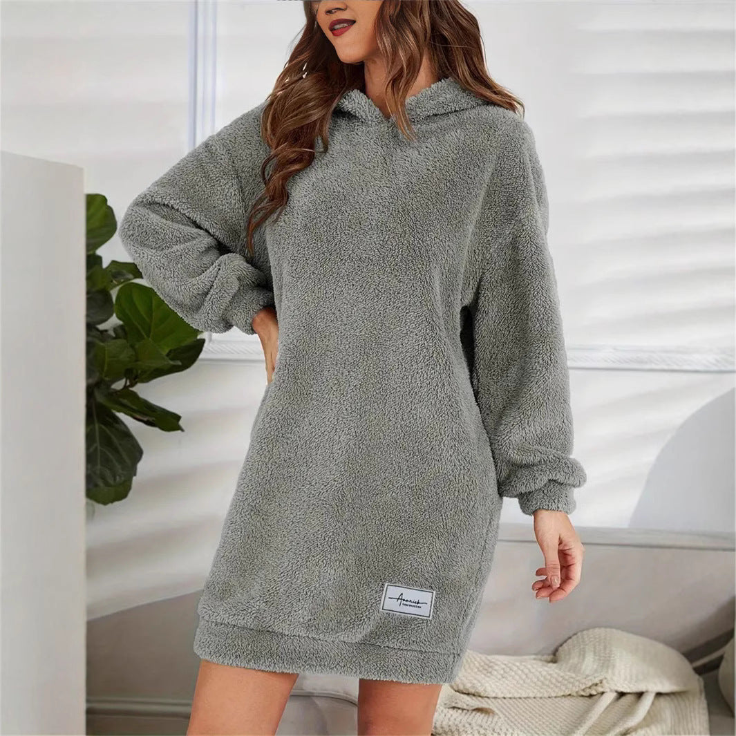 Women's Hooded Long-sleeved Plush Dress Loose Hoodie Women's Sweater, Sweater
