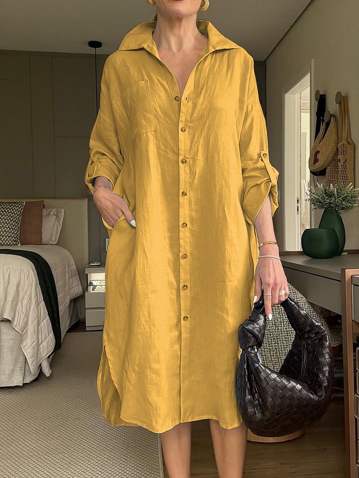 Women's Cotton Linen Shirtdress Fashion Casual Long Dress
