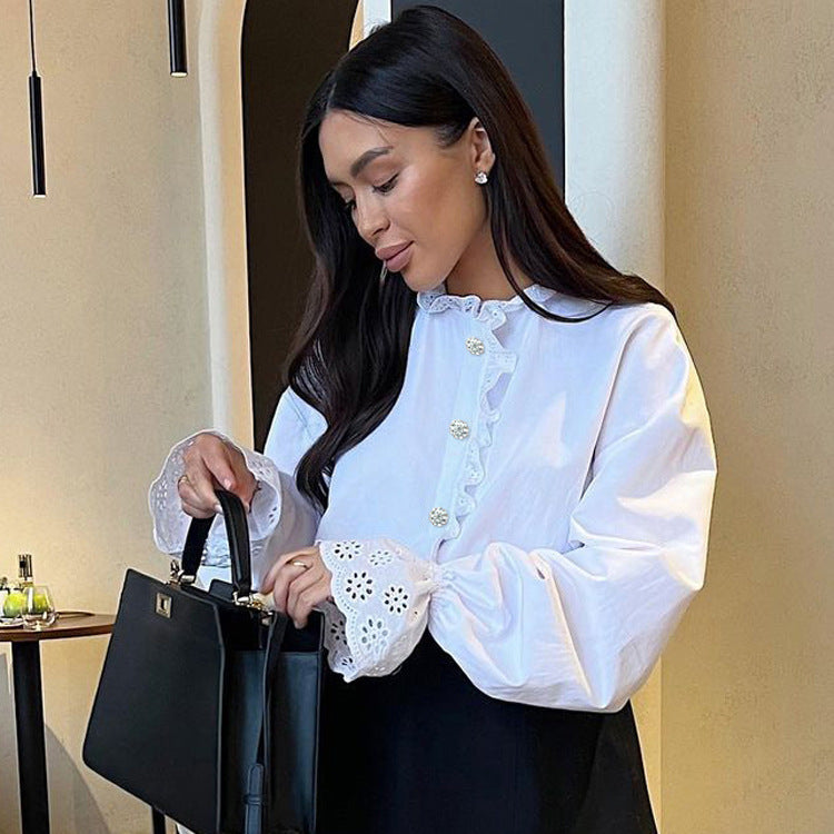 Women's Style Stand Collar Diamond Ruffled Shirt Tops
