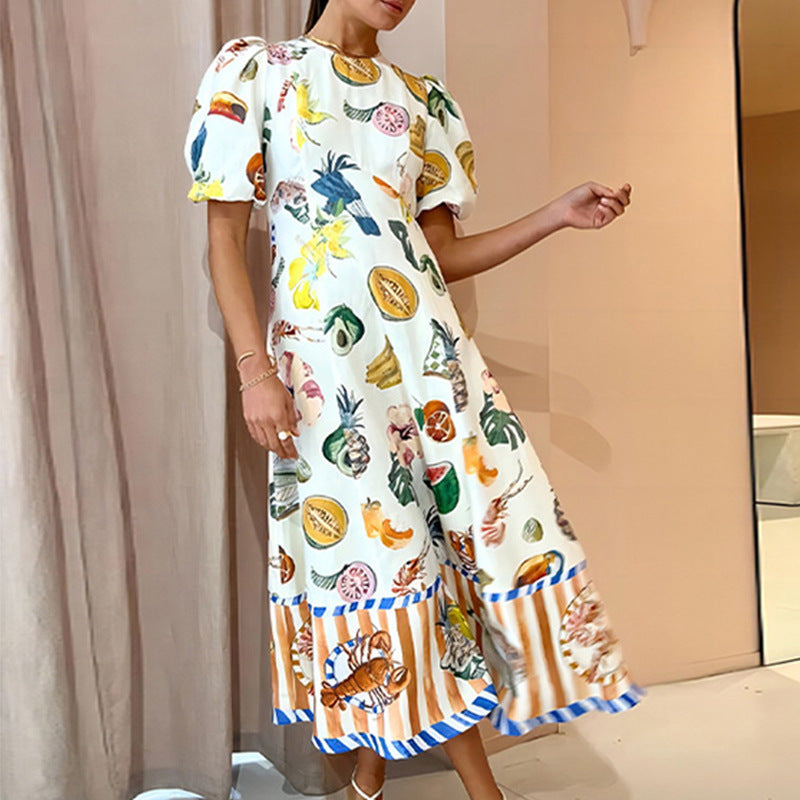Women's Sweet Printed Round Neck Large Swing Dresses