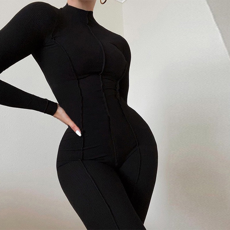 Women's Long-sleeved Round Neck High Elastic Overall Women's Jumpsuit/clothing