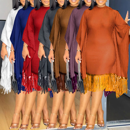 Sequined Tassel Batwing Sleeve Elastic Hip Dress