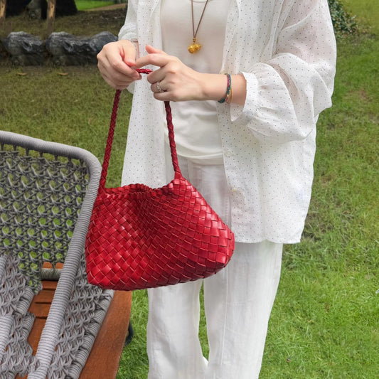 Women's Red Genuine Leather Woven Dumpling Armpit Bags