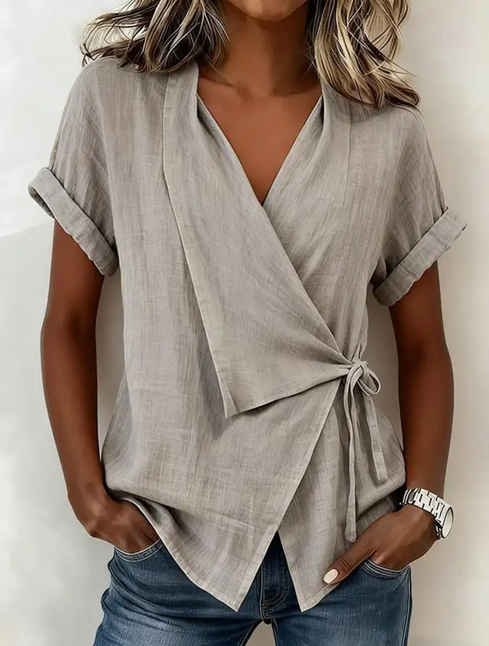 Summer Casual Solid Color Polo Collar Irregular Women's T-shirt